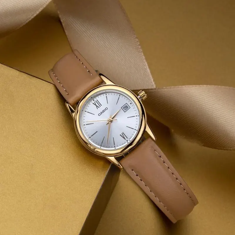 Casio Gray Dial Date Brown Leather Ladies Watch- LTP-V002GL-7B3